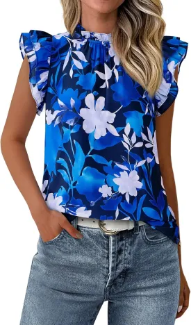 PRETTYGARDEN Women's Ruffle Short Sleeve Summer Tops 2025 Trendy Floral Trim Neck Casual Dressy Chiffon Boho Blouses Shirts