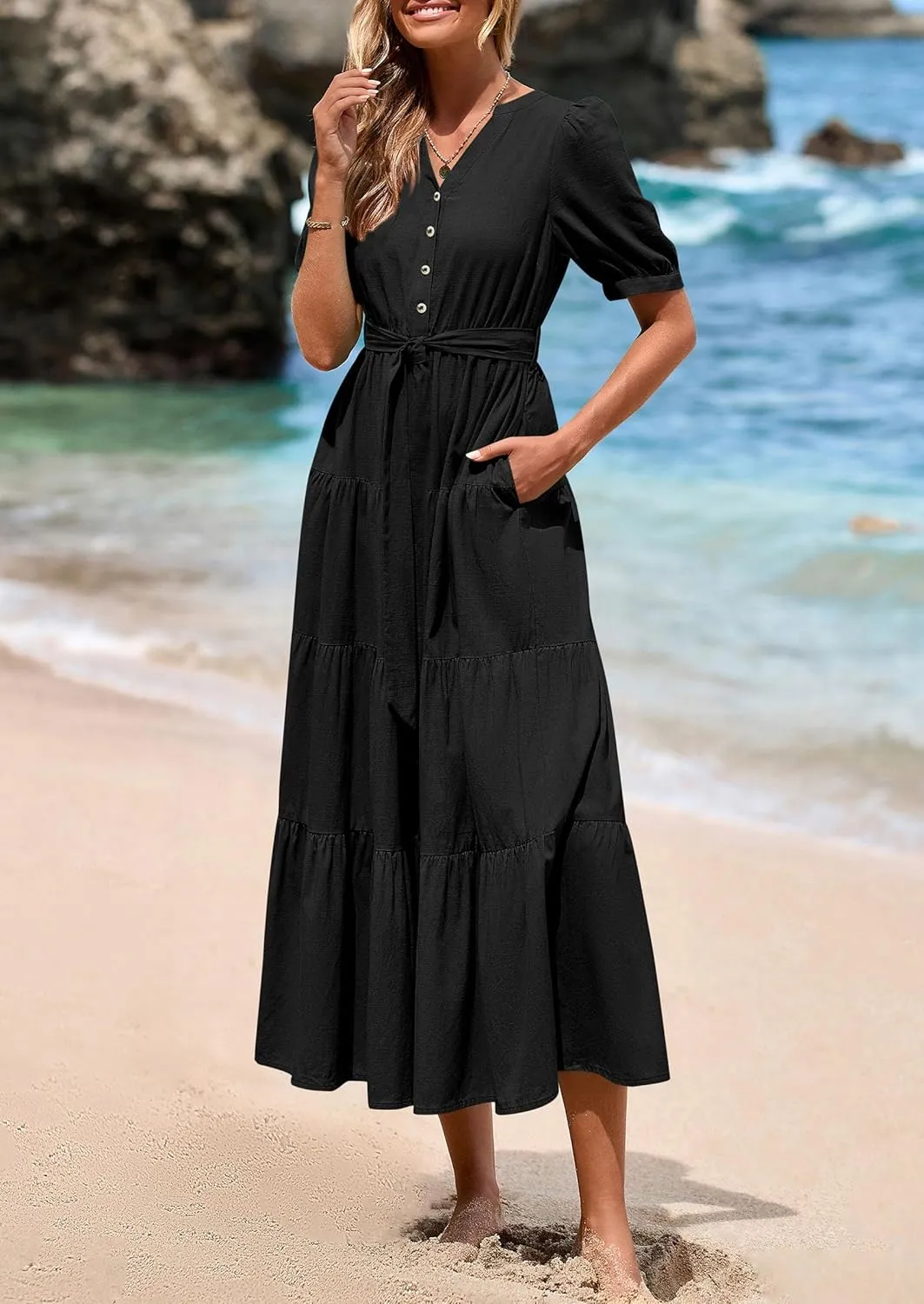 PRETTYGARDEN Women's Summer Midi Dress 2025 Casual Short Sleeve V Neck Buttons Belted Ruffle A Line Flowy Dress with Pockets