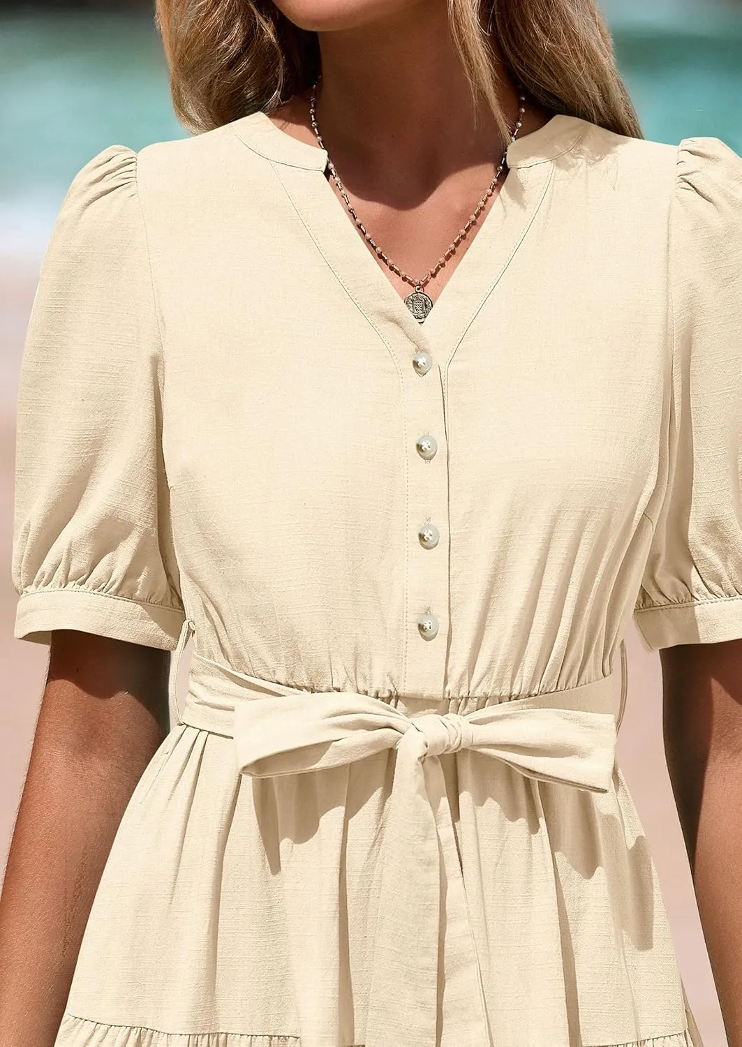 PRETTYGARDEN Women's Summer Midi Dress 2025 Casual Short Sleeve V Neck Buttons Belted Ruffle A Line Flowy Dress with Pockets