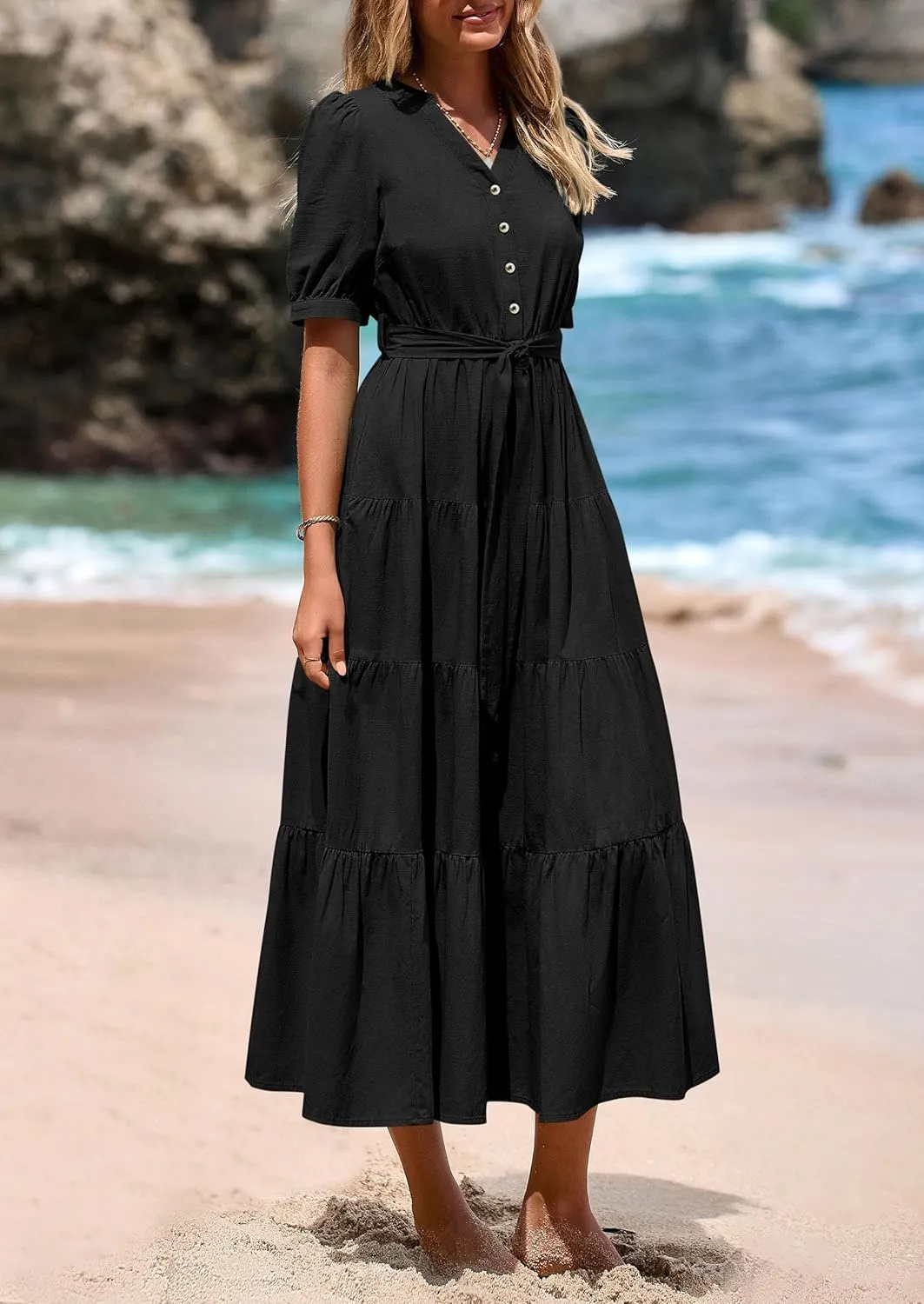 PRETTYGARDEN Women's Summer Midi Dress 2025 Casual Short Sleeve V Neck Buttons Belted Ruffle A Line Flowy Dress with Pockets