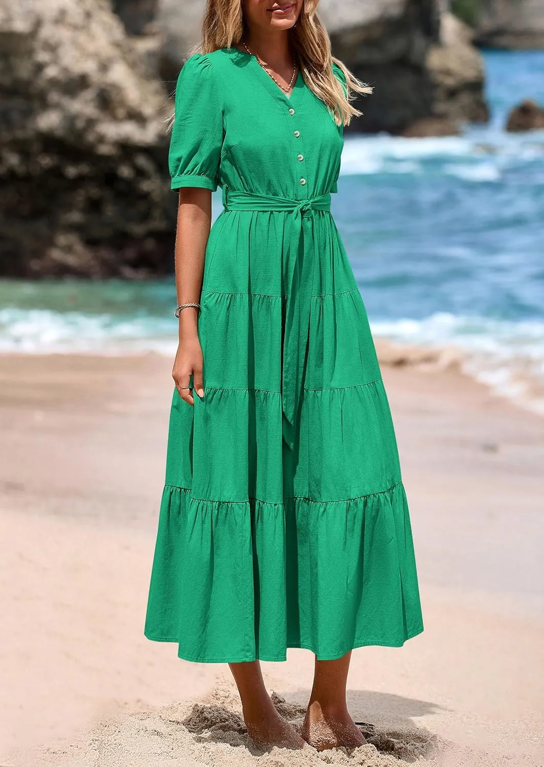 PRETTYGARDEN Women's Summer Midi Dress 2025 Casual Short Sleeve V Neck Buttons Belted Ruffle A Line Flowy Dress with Pockets