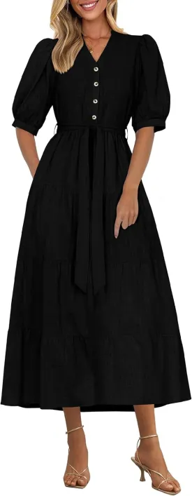 PRETTYGARDEN Women's Summer Midi Dress 2025 Casual Short Sleeve V Neck Buttons Belted Ruffle A Line Flowy Dress with Pockets