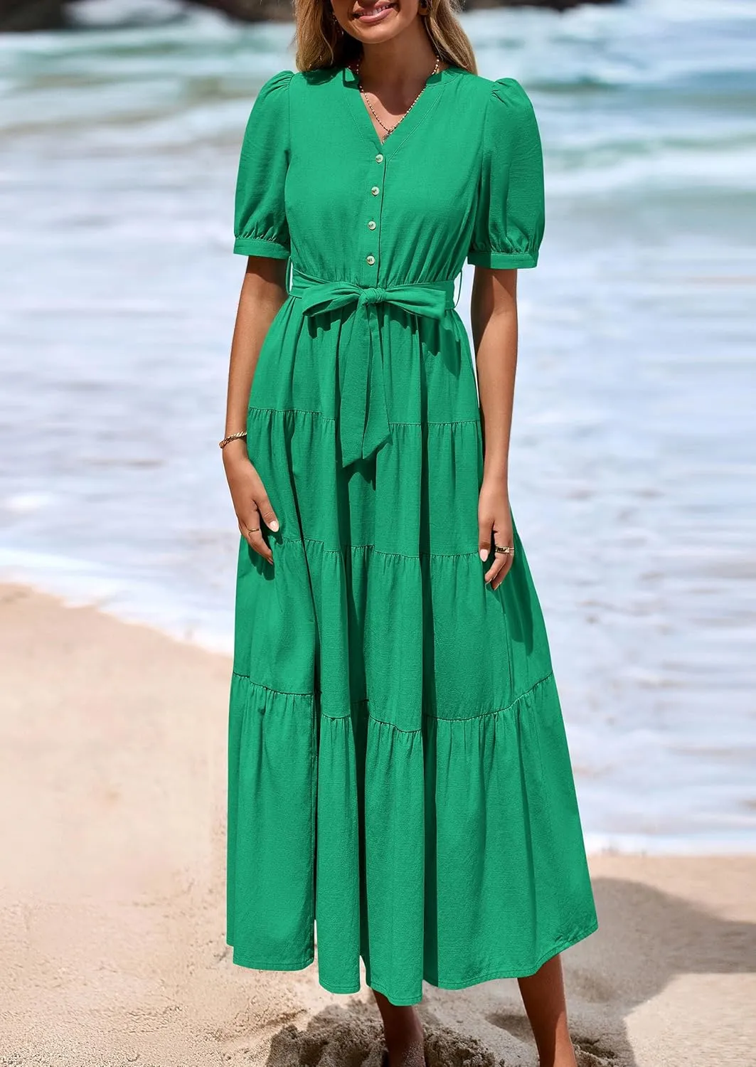 PRETTYGARDEN Women's Summer Midi Dress 2025 Casual Short Sleeve V Neck Buttons Belted Ruffle A Line Flowy Dress with Pockets