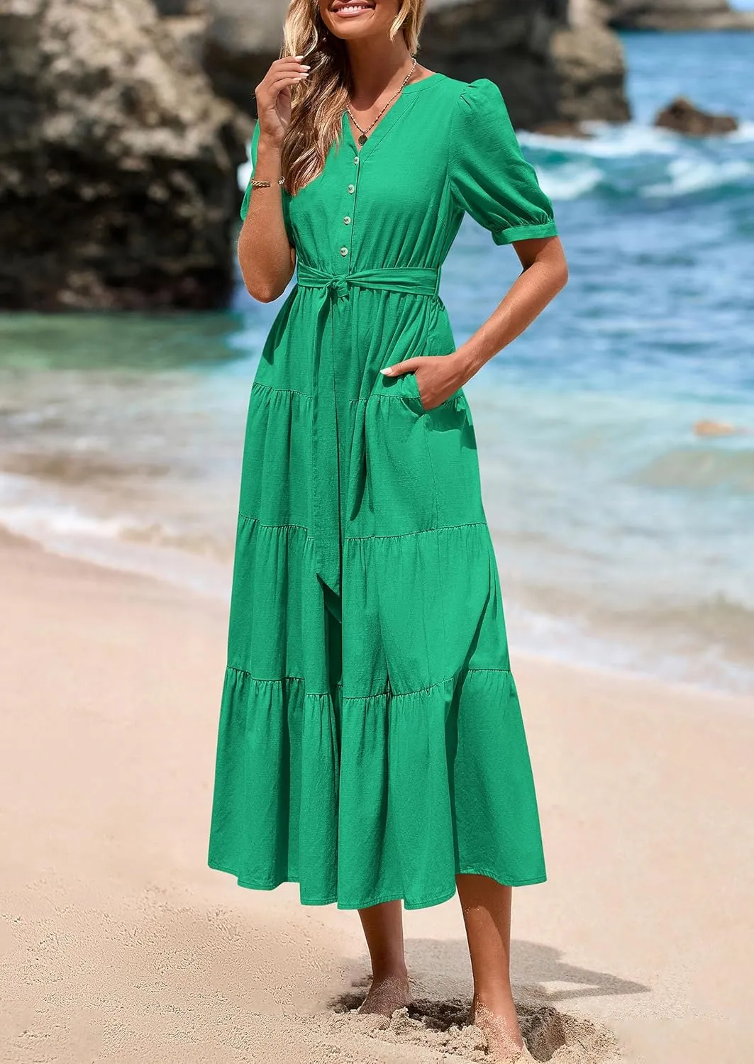 PRETTYGARDEN Women's Summer Midi Dress 2025 Casual Short Sleeve V Neck Buttons Belted Ruffle A Line Flowy Dress with Pockets