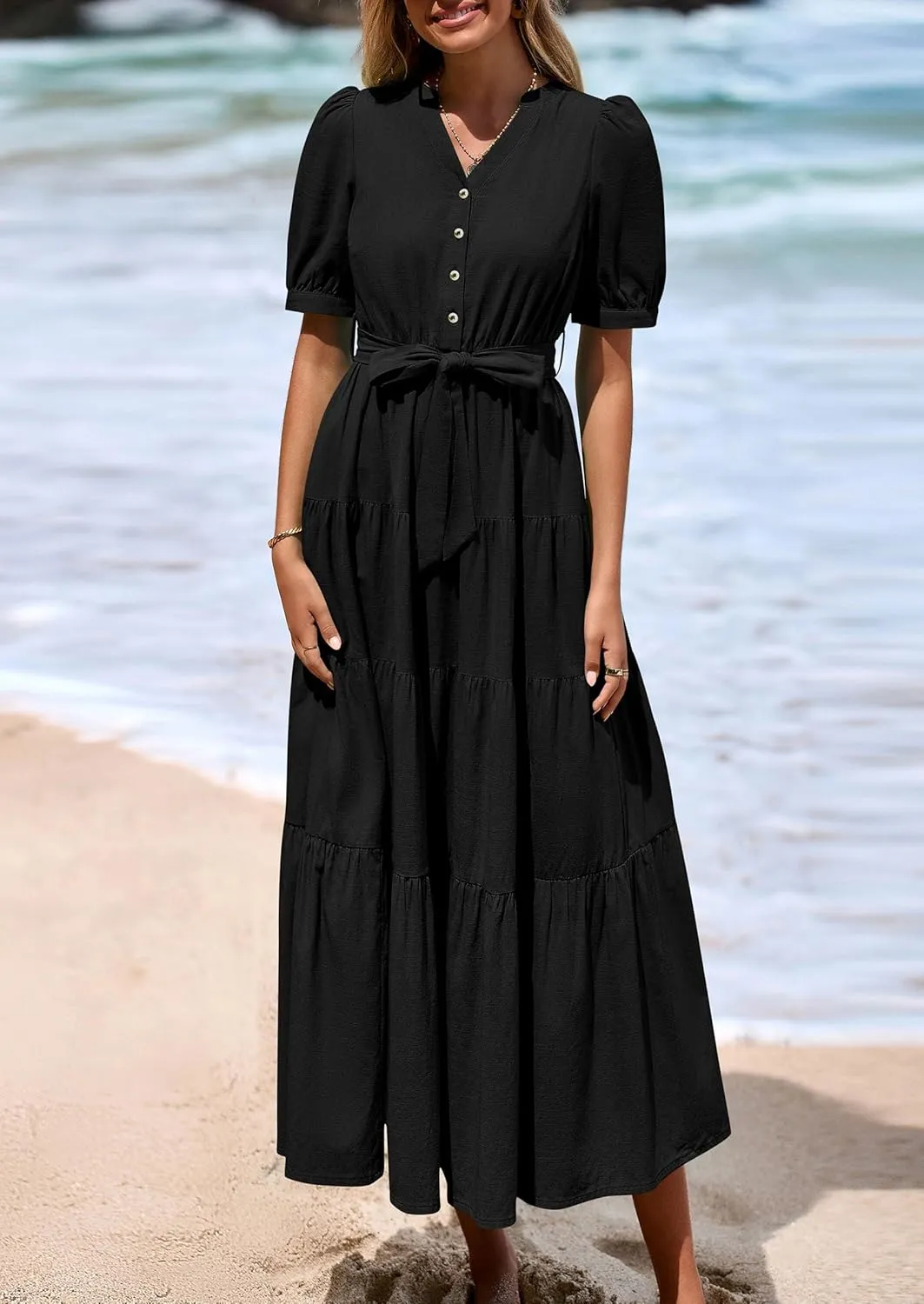 PRETTYGARDEN Women's Summer Midi Dress 2025 Casual Short Sleeve V Neck Buttons Belted Ruffle A Line Flowy Dress with Pockets