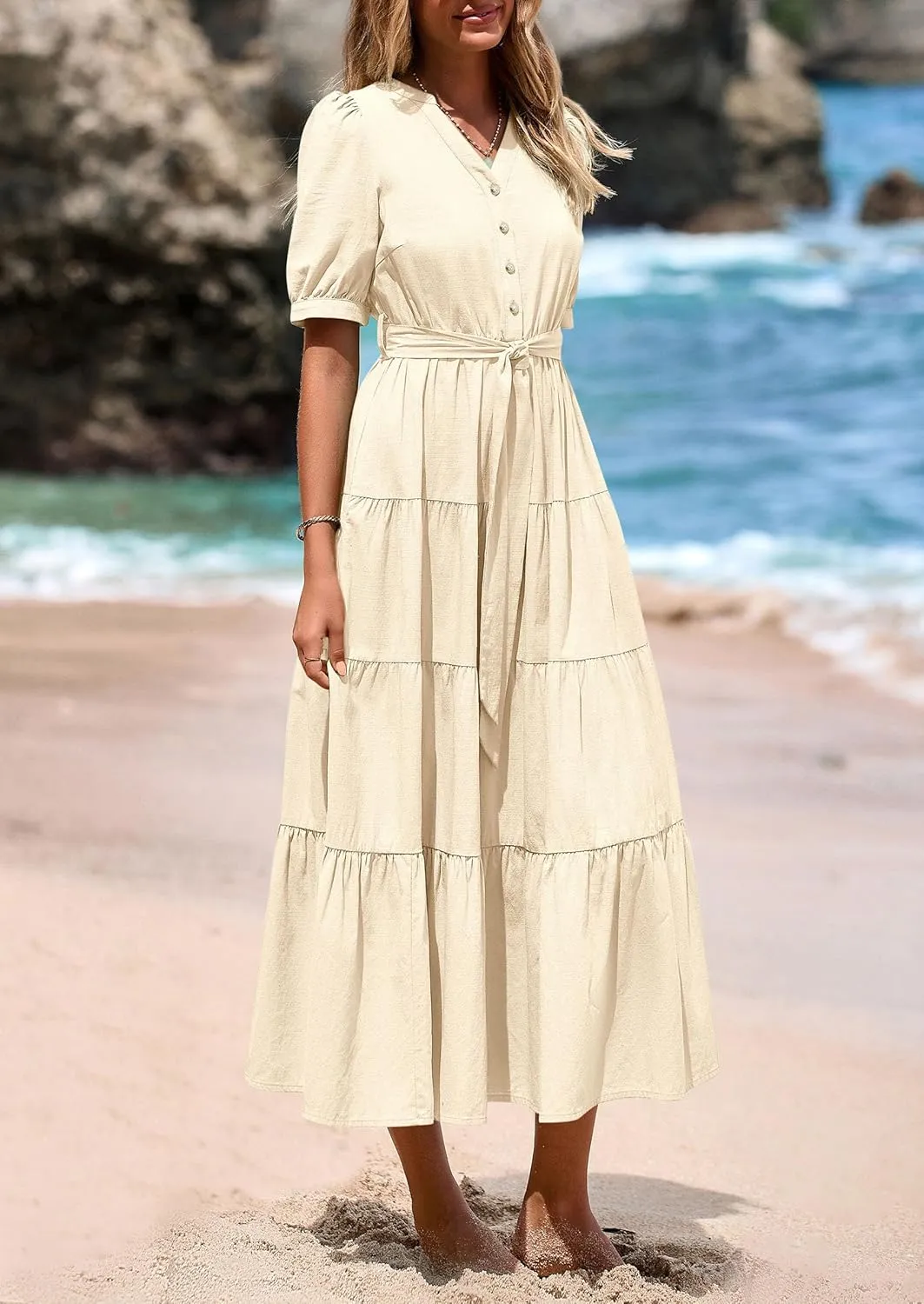 PRETTYGARDEN Women's Summer Midi Dress 2025 Casual Short Sleeve V Neck Buttons Belted Ruffle A Line Flowy Dress with Pockets