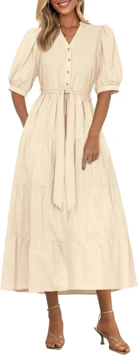 PRETTYGARDEN Women's Summer Midi Dress 2025 Casual Short Sleeve V Neck Buttons Belted Ruffle A Line Flowy Dress with Pockets