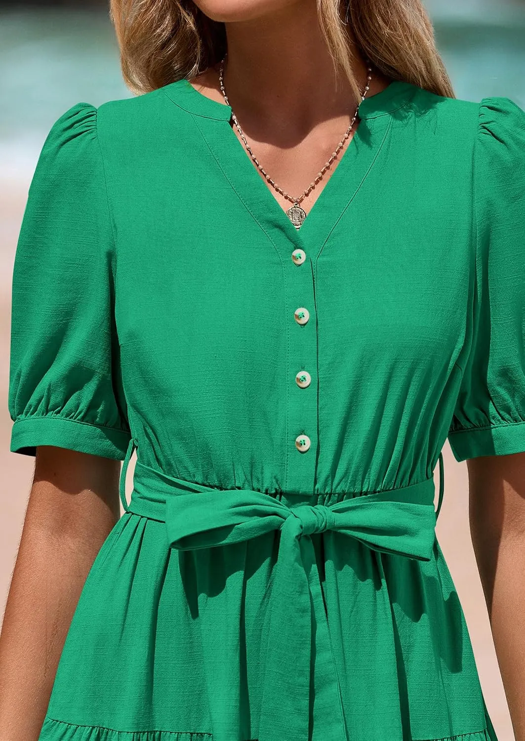 PRETTYGARDEN Women's Summer Midi Dress 2025 Casual Short Sleeve V Neck Buttons Belted Ruffle A Line Flowy Dress with Pockets