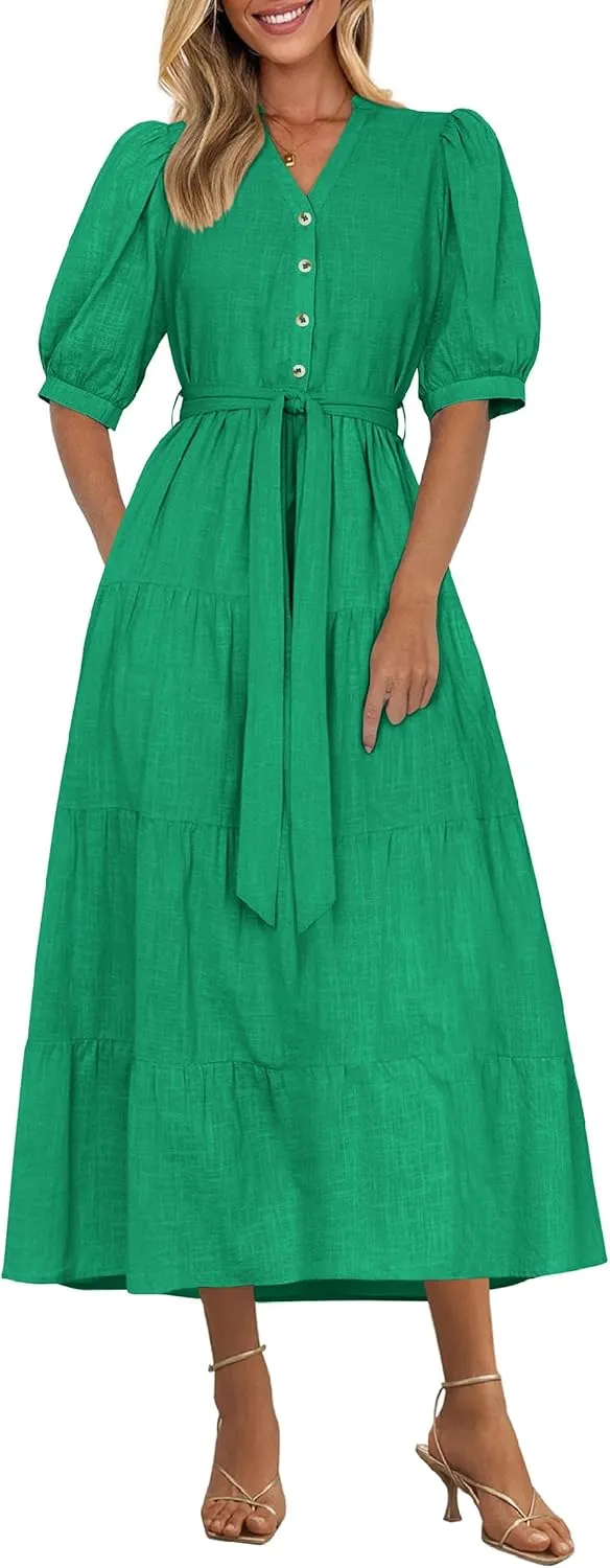 PRETTYGARDEN Women's Summer Midi Dress 2025 Casual Short Sleeve V Neck Buttons Belted Ruffle A Line Flowy Dress with Pockets