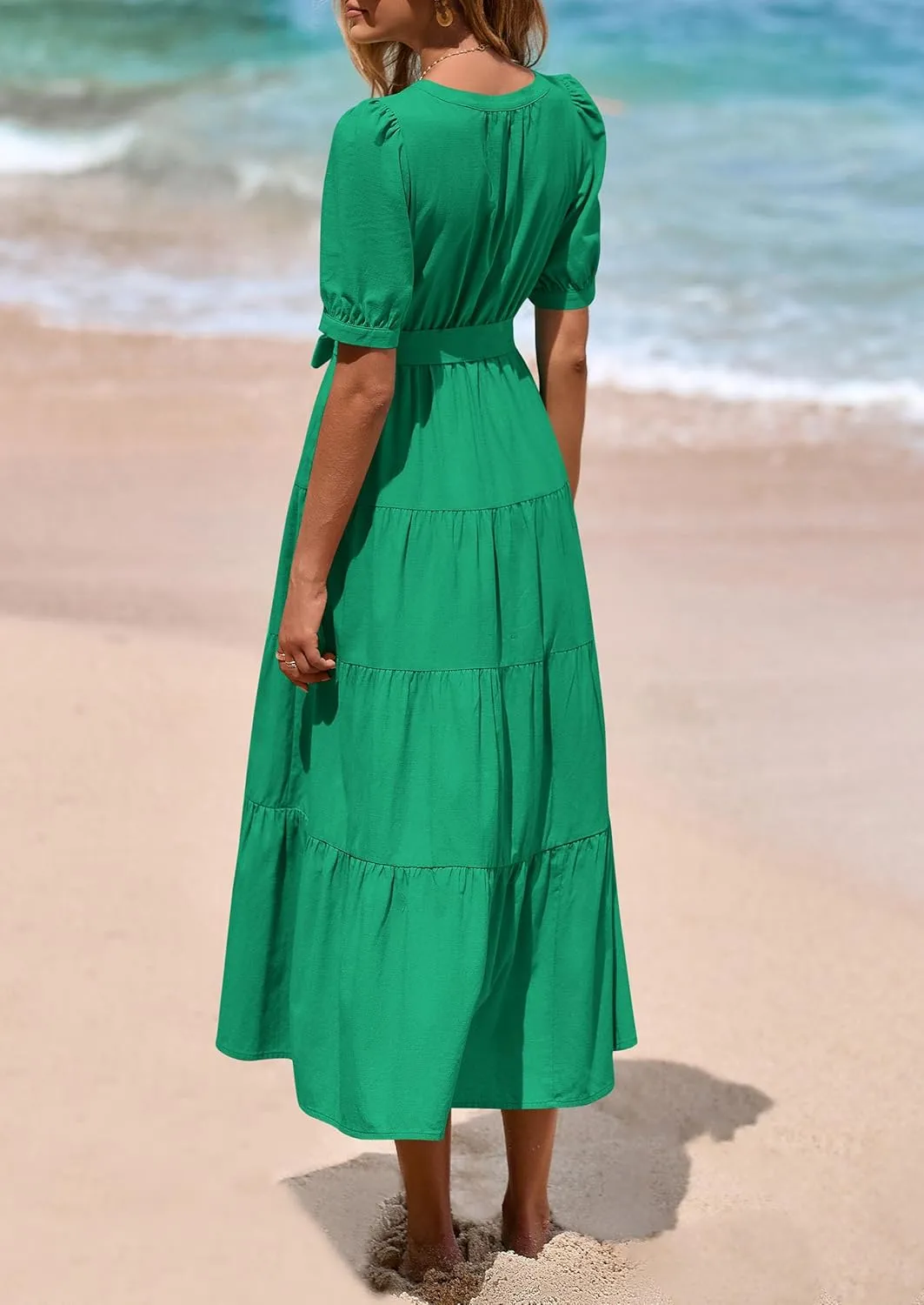 PRETTYGARDEN Women's Summer Midi Dress 2025 Casual Short Sleeve V Neck Buttons Belted Ruffle A Line Flowy Dress with Pockets