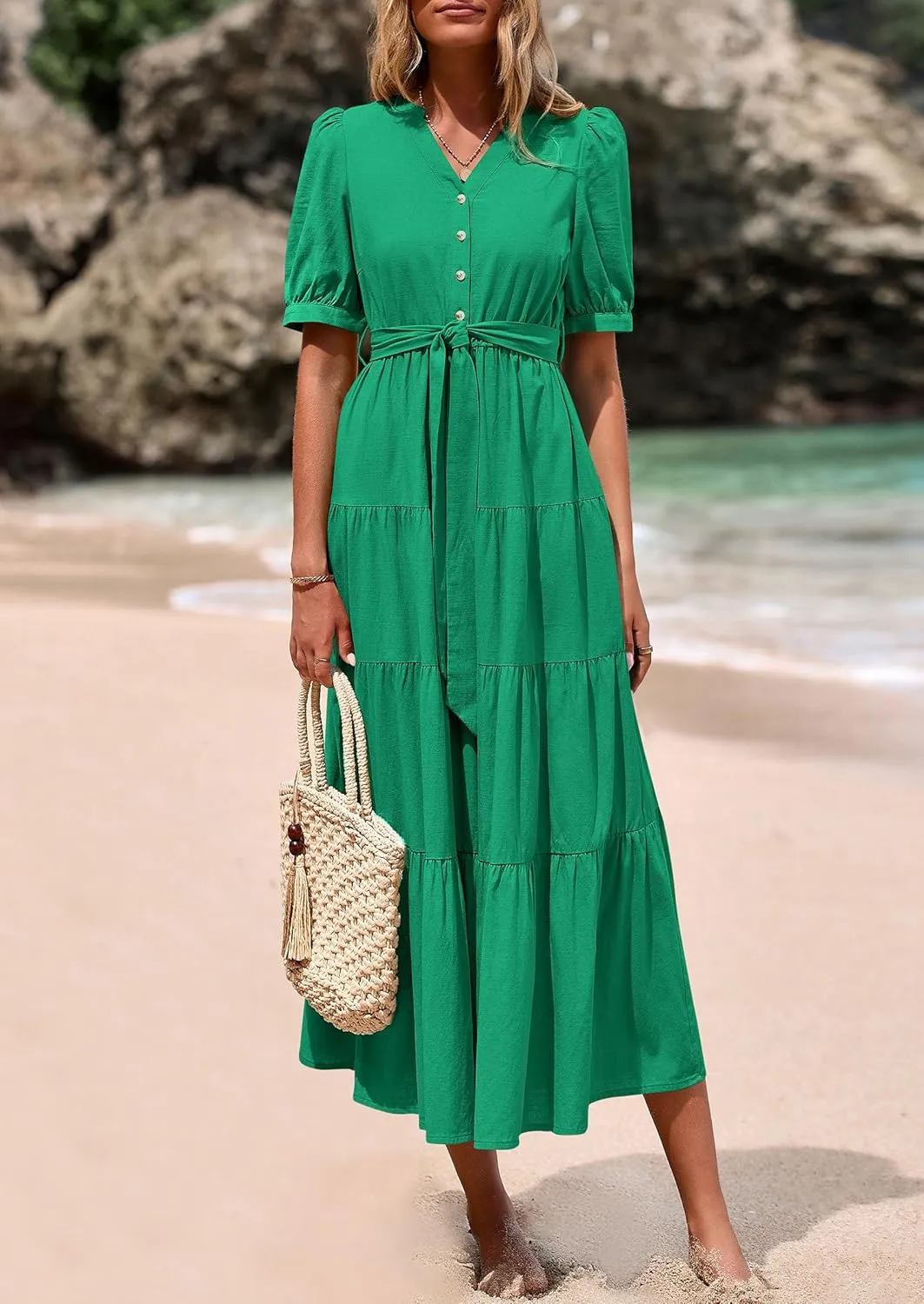 PRETTYGARDEN Women's Summer Midi Dress 2025 Casual Short Sleeve V Neck Buttons Belted Ruffle A Line Flowy Dress with Pockets