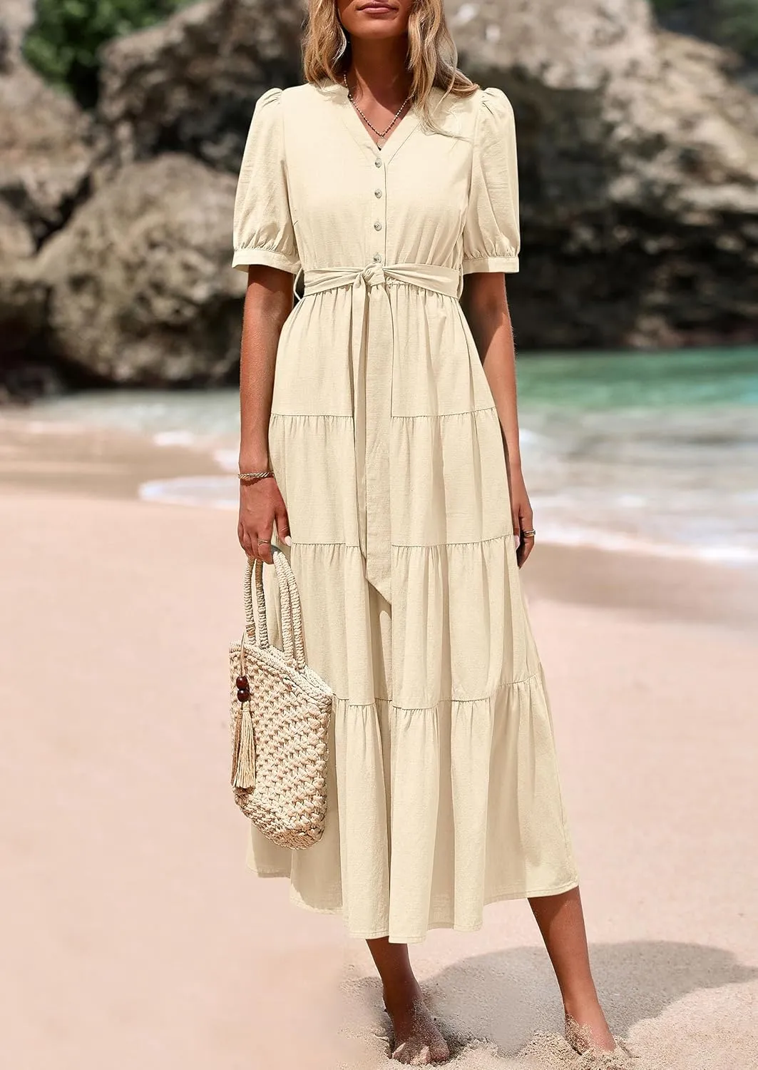 PRETTYGARDEN Women's Summer Midi Dress 2025 Casual Short Sleeve V Neck Buttons Belted Ruffle A Line Flowy Dress with Pockets