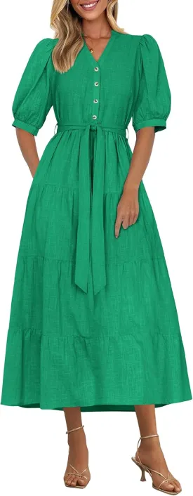 PRETTYGARDEN Women's Summer Midi Dress 2025 Casual Short Sleeve V Neck Buttons Belted Ruffle A Line Flowy Dress with Pockets