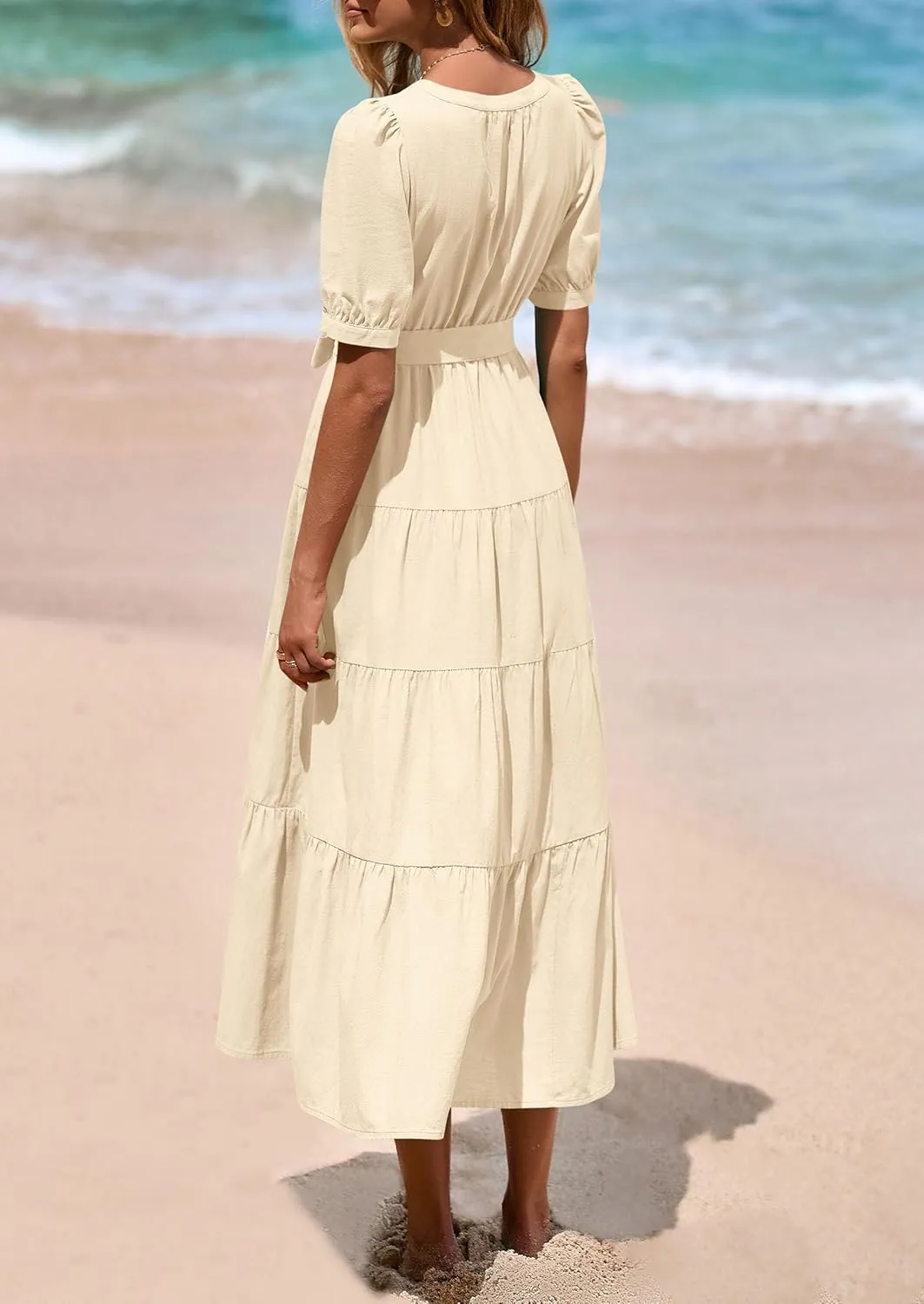 PRETTYGARDEN Women's Summer Midi Dress 2025 Casual Short Sleeve V Neck Buttons Belted Ruffle A Line Flowy Dress with Pockets