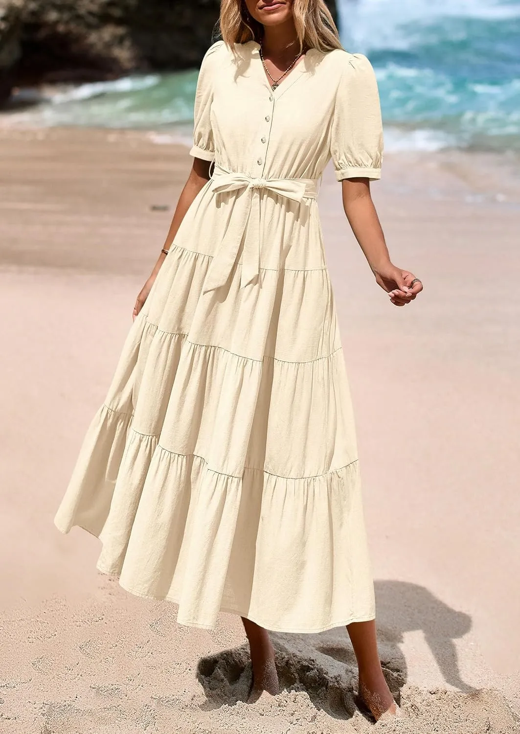 PRETTYGARDEN Women's Summer Midi Dress 2025 Casual Short Sleeve V Neck Buttons Belted Ruffle A Line Flowy Dress with Pockets