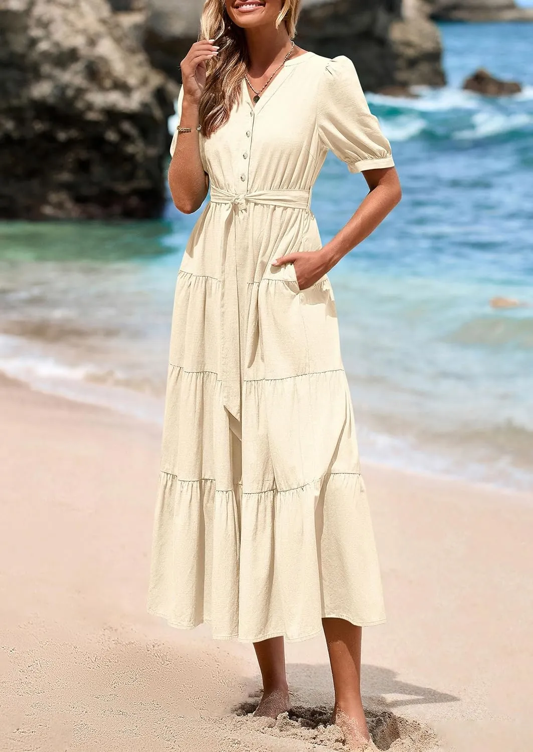 PRETTYGARDEN Women's Summer Midi Dress 2025 Casual Short Sleeve V Neck Buttons Belted Ruffle A Line Flowy Dress with Pockets