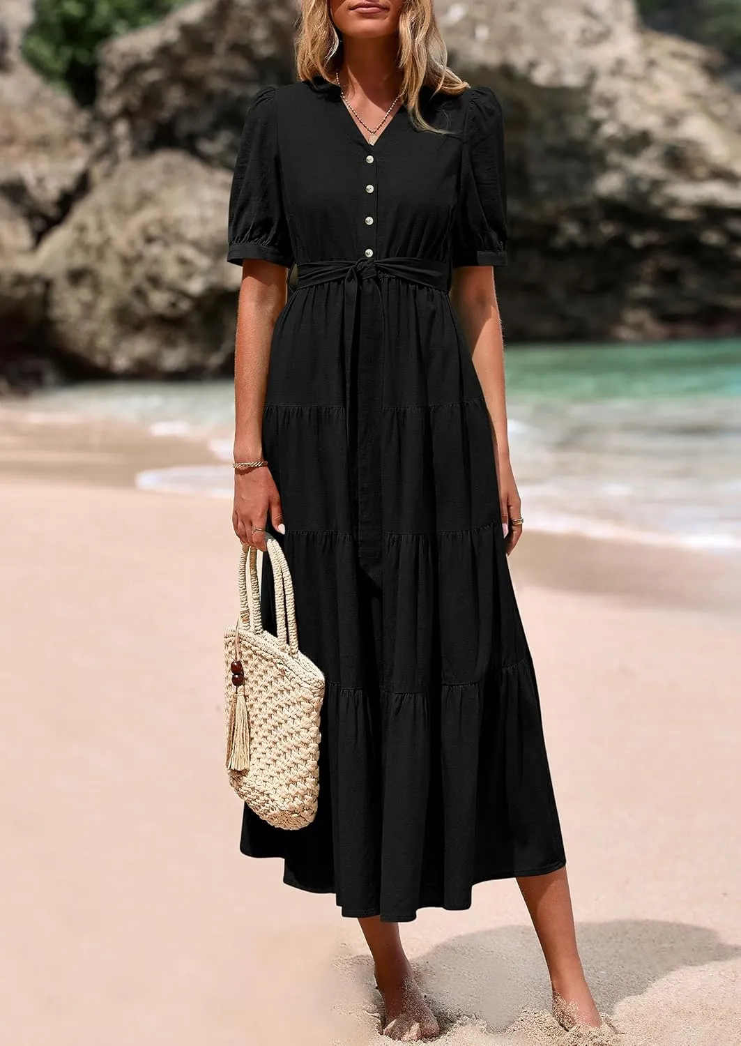 PRETTYGARDEN Women's Summer Midi Dress 2025 Casual Short Sleeve V Neck Buttons Belted Ruffle A Line Flowy Dress with Pockets