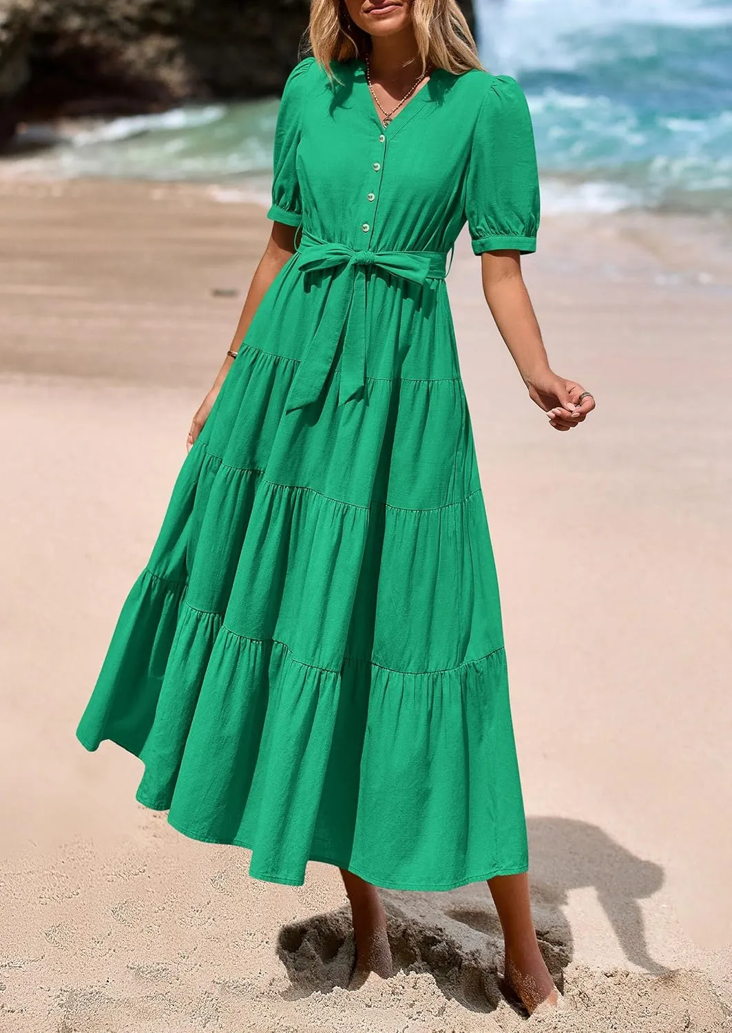 PRETTYGARDEN Women's Summer Midi Dress 2025 Casual Short Sleeve V Neck Buttons Belted Ruffle A Line Flowy Dress with Pockets