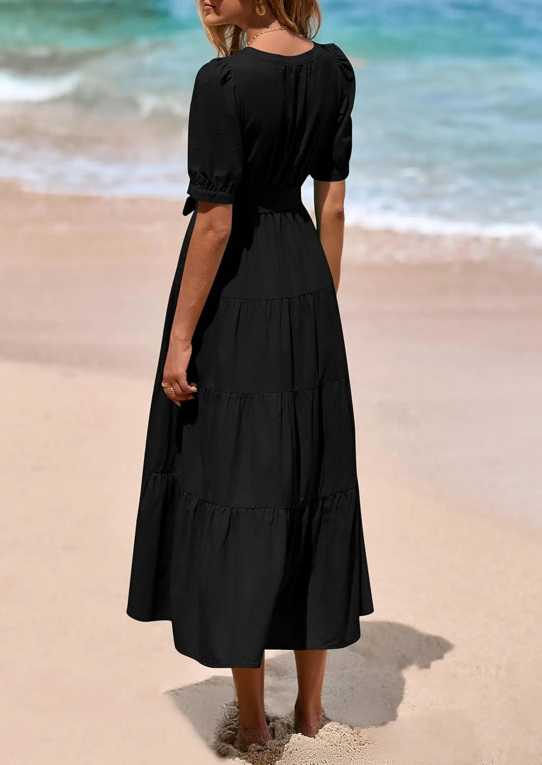 PRETTYGARDEN Women's Summer Midi Dress 2025 Casual Short Sleeve V Neck Buttons Belted Ruffle A Line Flowy Dress with Pockets