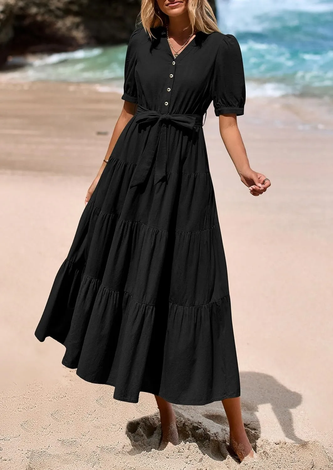 PRETTYGARDEN Women's Summer Midi Dress 2025 Casual Short Sleeve V Neck Buttons Belted Ruffle A Line Flowy Dress with Pockets