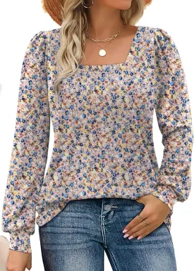 Rapbin Womens Square Neck Puff Sleeve Tops Dressy Casual Eyelet Long Sleeve Shirts Loose Trendy Blouses S-XXL