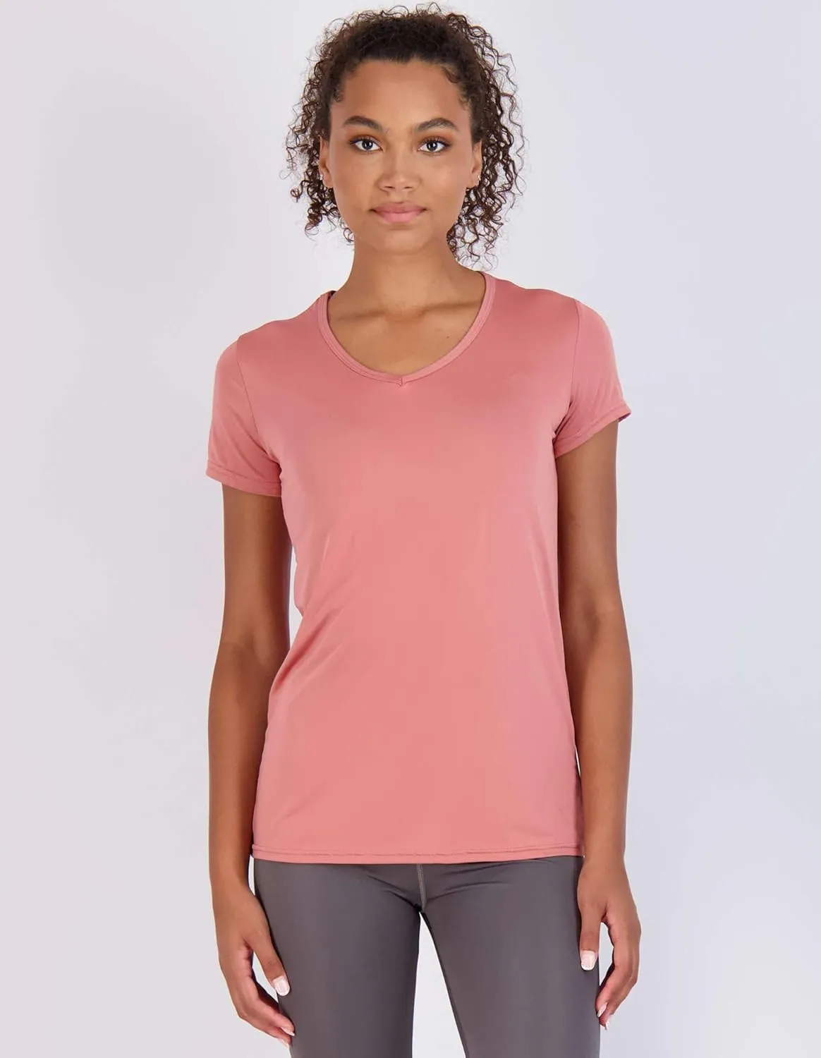 Real Essentials 5 Pack: Women's Short Sleeve V-Neck Activewear T-Shirt Dry-Fit Wicking Yoga Top (Available in Plus)