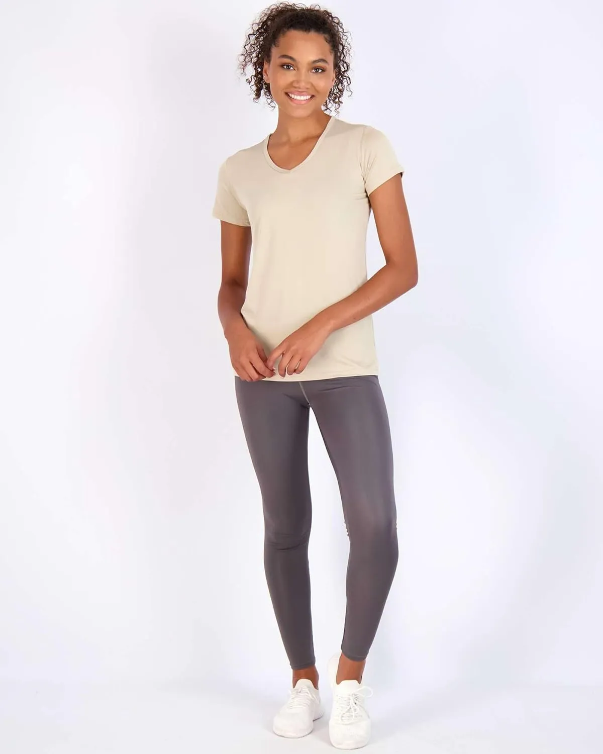 Real Essentials 5 Pack: Women's Short Sleeve V-Neck Activewear T-Shirt Dry-Fit Wicking Yoga Top (Available in Plus)