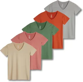 Real Essentials 5 Pack: Women's Short Sleeve V-Neck Activewear T-Shirt Dry-Fit Wicking Yoga Top (Available in Plus)