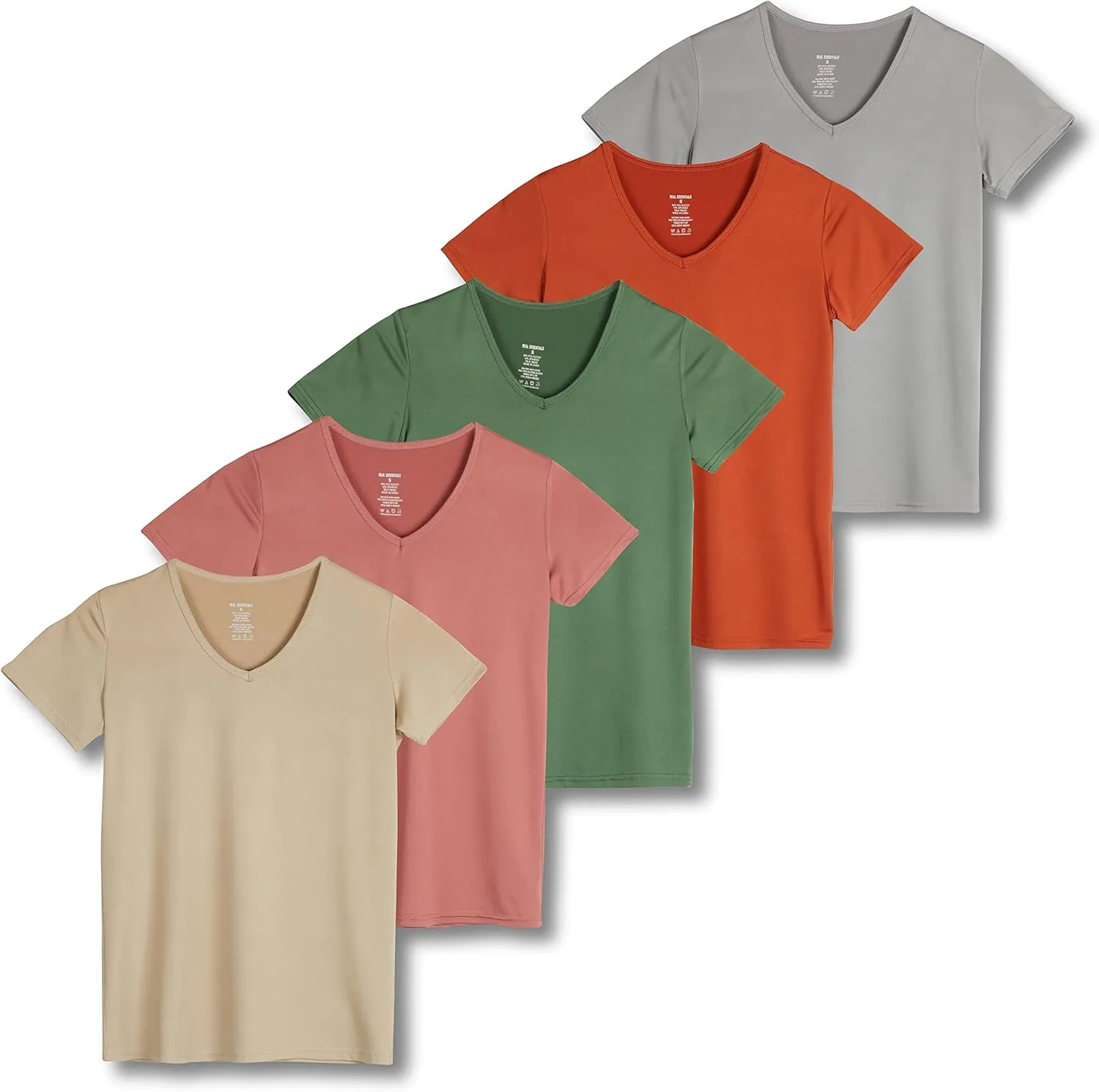 Real Essentials 5 Pack: Women's Short Sleeve V-Neck Activewear T-Shirt Dry-Fit Wicking Yoga Top (Available in Plus)