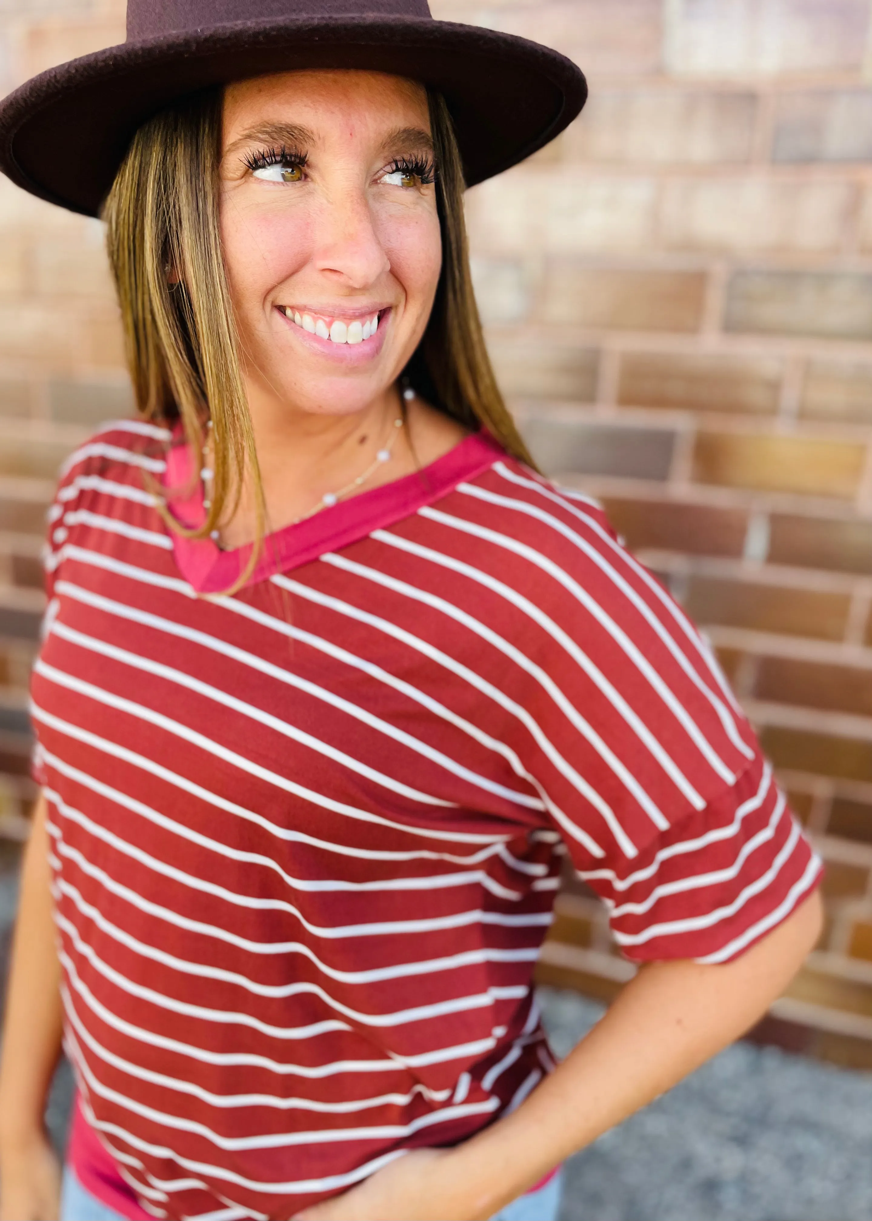 Rust Stripe V-Neck Short Sleeve Tunic Top
