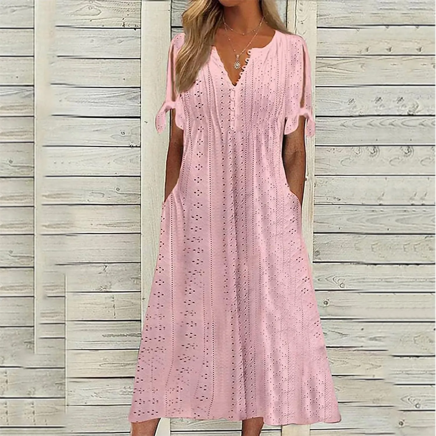Short Sleeve Summer Dresses for Women 2025 Button V Neck Eyelet Beach Boho Vacation Maxi Sundress with Pockets