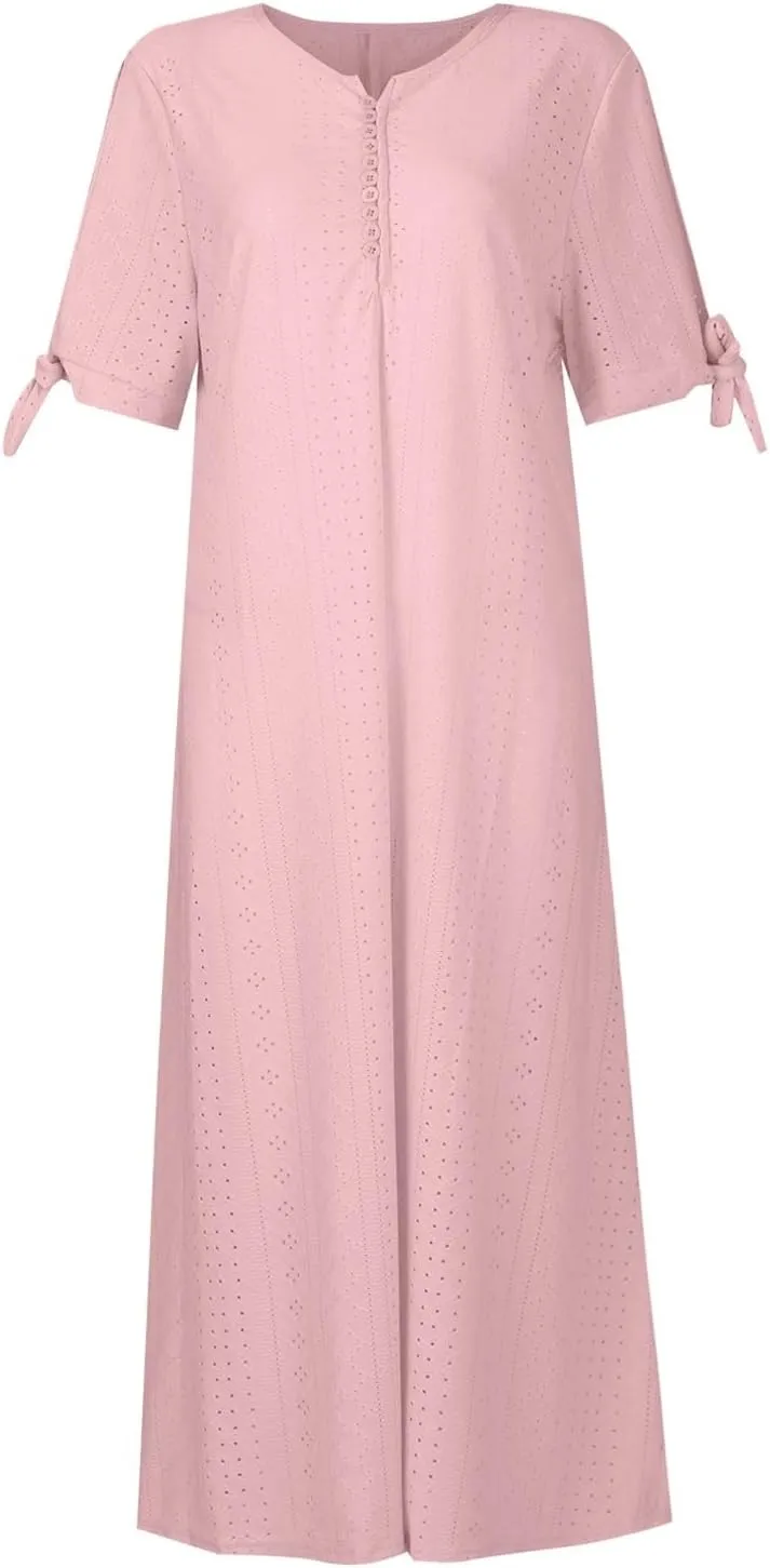 Short Sleeve Summer Dresses for Women 2025 Button V Neck Eyelet Beach Boho Vacation Maxi Sundress with Pockets