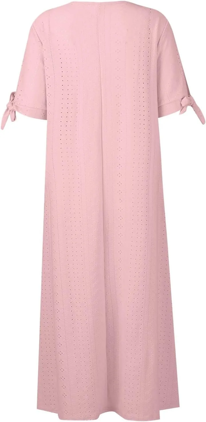 Short Sleeve Summer Dresses for Women 2025 Button V Neck Eyelet Beach Boho Vacation Maxi Sundress with Pockets