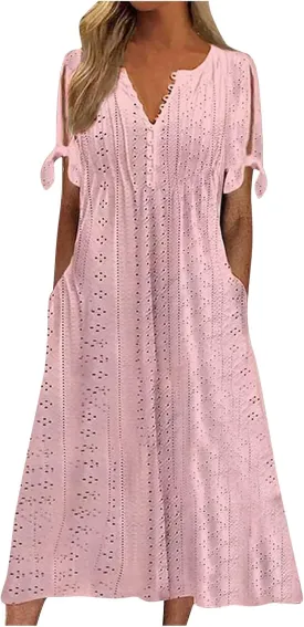 Short Sleeve Summer Dresses for Women 2025 Button V Neck Eyelet Beach Boho Vacation Maxi Sundress with Pockets