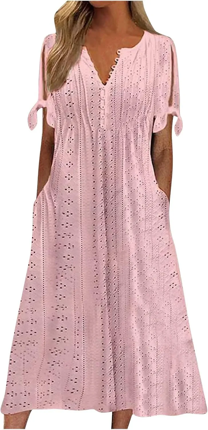 Short Sleeve Summer Dresses for Women 2025 Button V Neck Eyelet Beach Boho Vacation Maxi Sundress with Pockets