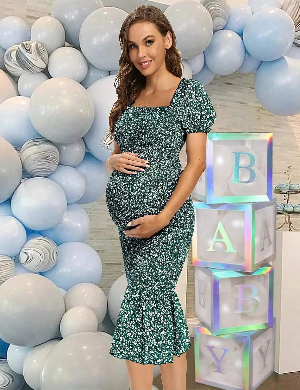 Spring Long Puff Sleeve Maternity Dress Floral Ruffle Hem Mermaid Baby Shower/Photoshoot Dress