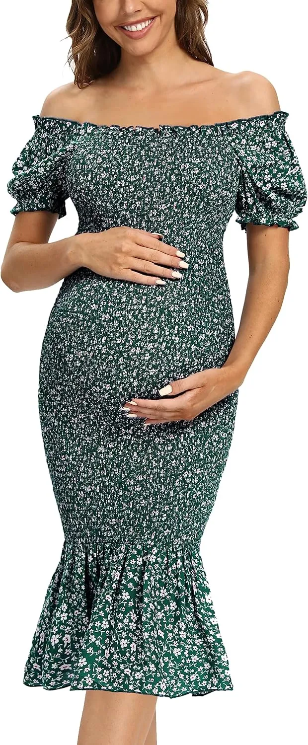 Spring Long Puff Sleeve Maternity Dress Floral Ruffle Hem Mermaid Baby Shower/Photoshoot Dress