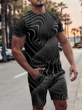 Street Fashion Lines Printed Black Casual Suit