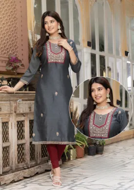 Stunning Grey Color Thread Work And Silk Kurti For Women