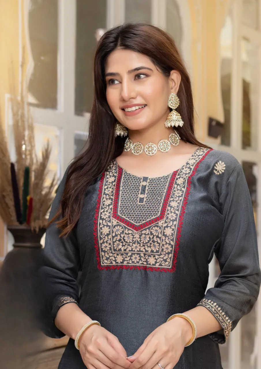 Stunning Grey Color Thread Work And Silk Kurti For Women