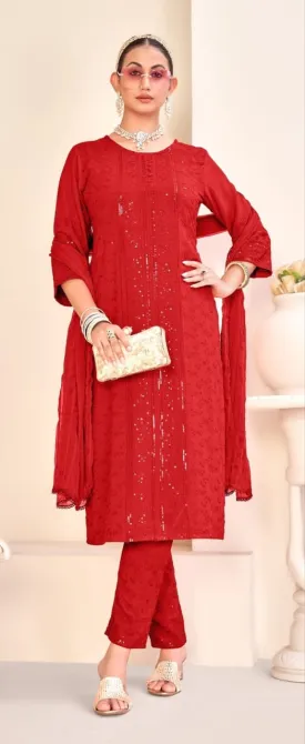 Stunning Red Color Viscose Rayon Salwar Suits With Dupatta Set