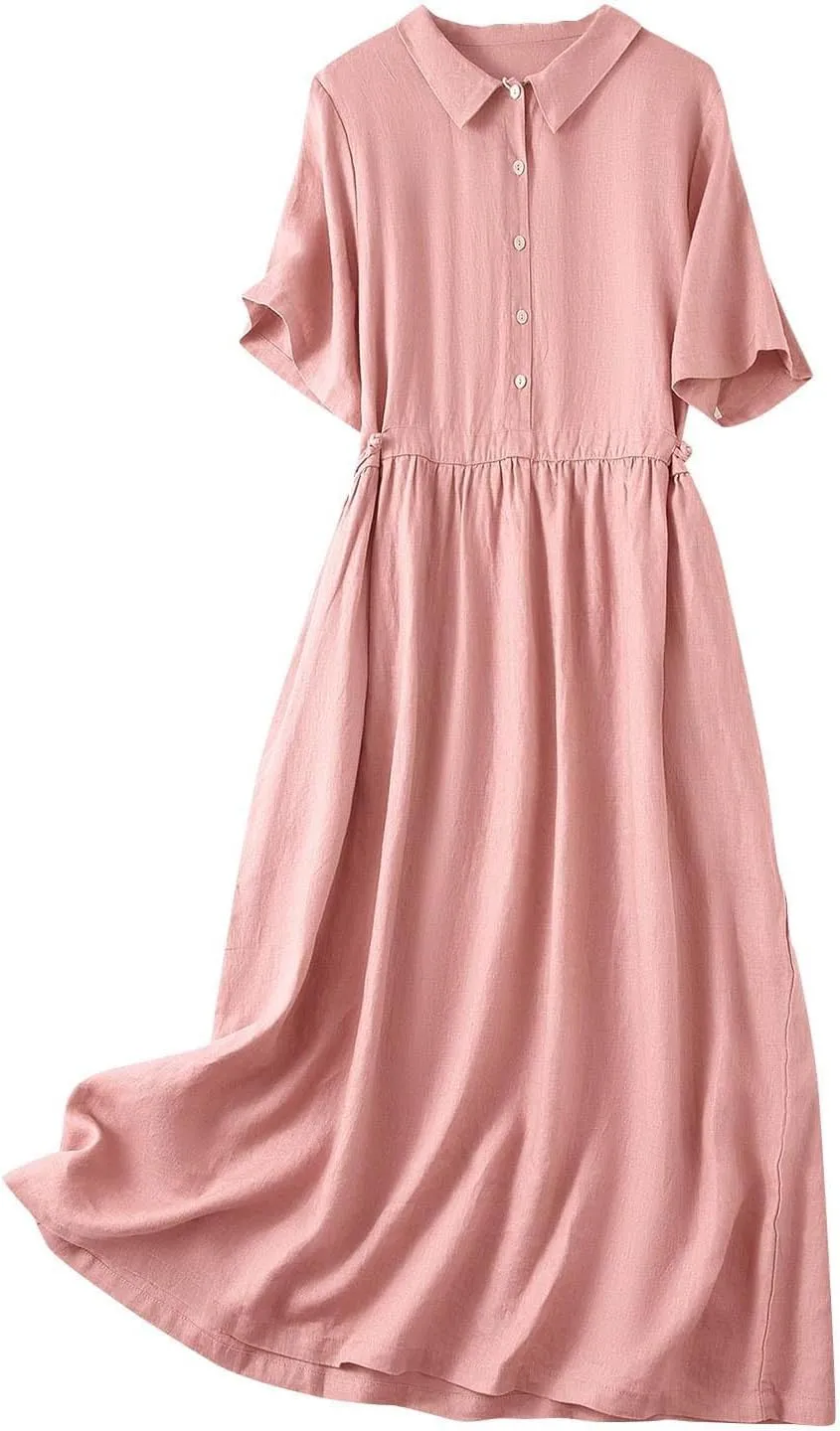 Summer Linen Dresses for Women 2025 Short Sleeve Button Shirt Dress Lapel Vneck Casual Beach Vacation Maxi Dresses