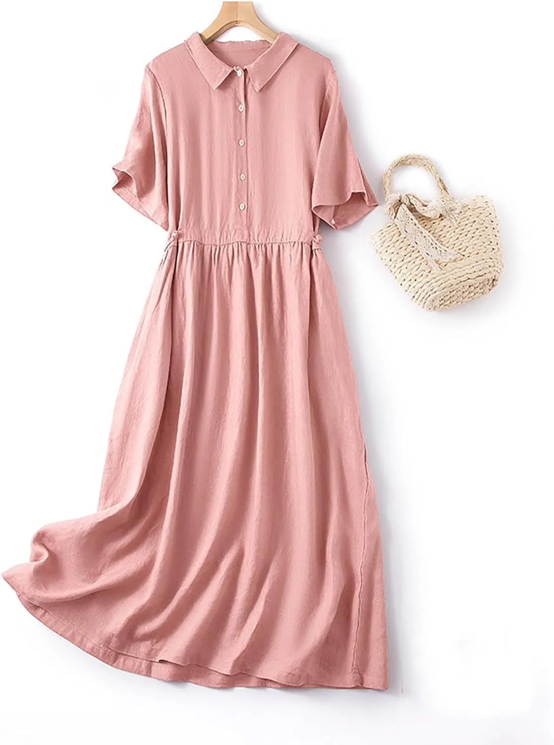 Summer Linen Dresses for Women 2025 Short Sleeve Button Shirt Dress Lapel Vneck Casual Beach Vacation Maxi Dresses