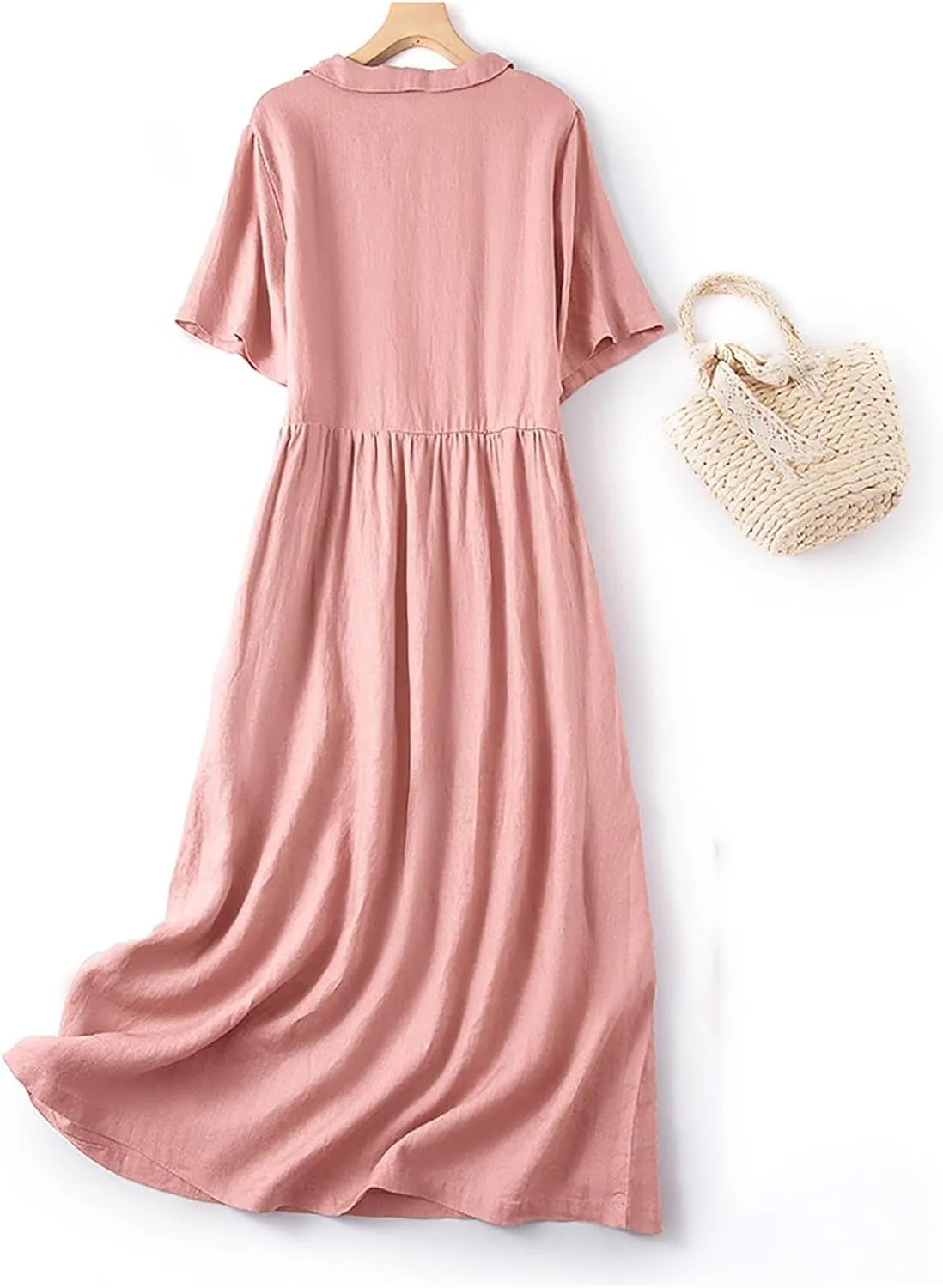 Summer Linen Dresses for Women 2025 Short Sleeve Button Shirt Dress Lapel Vneck Casual Beach Vacation Maxi Dresses