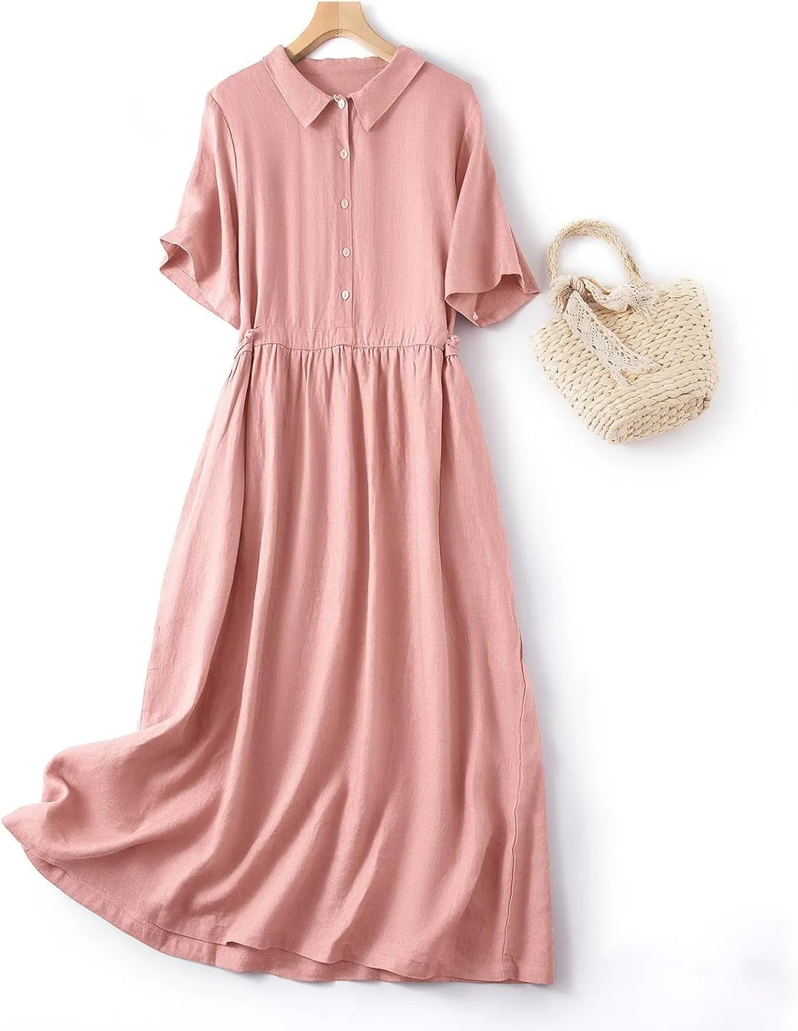 Summer Linen Dresses for Women 2025 Short Sleeve Button Shirt Dress Lapel Vneck Casual Beach Vacation Maxi Dresses