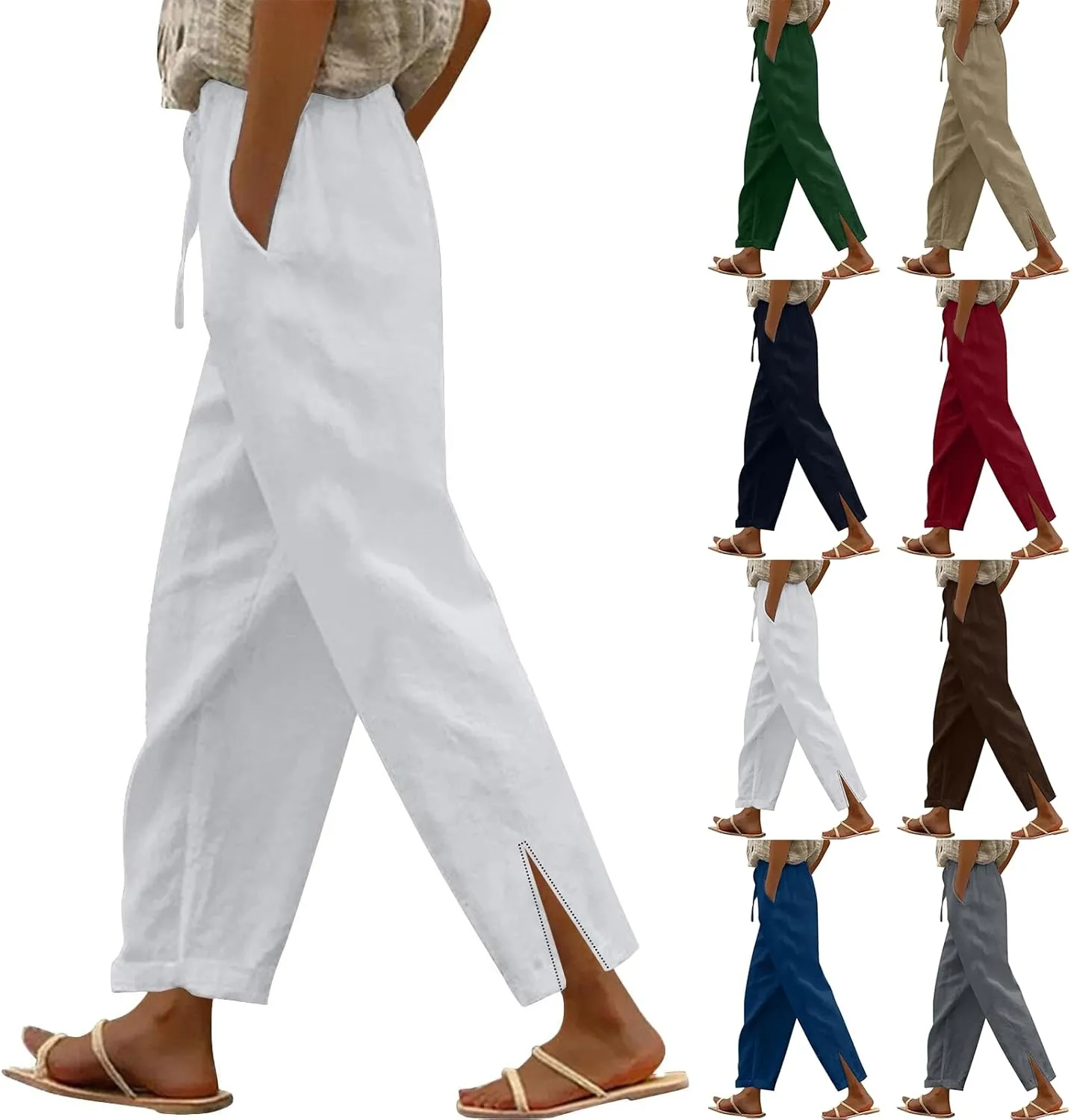 Summer Pants for Women 2025 Casual Cotton Linen Pants Drawstring High Waist Beach Pant with Pockets Trendy Vacation Outfits Baggy Linen Trousers for Women Cropped Comfy Lounge Pant Trousers