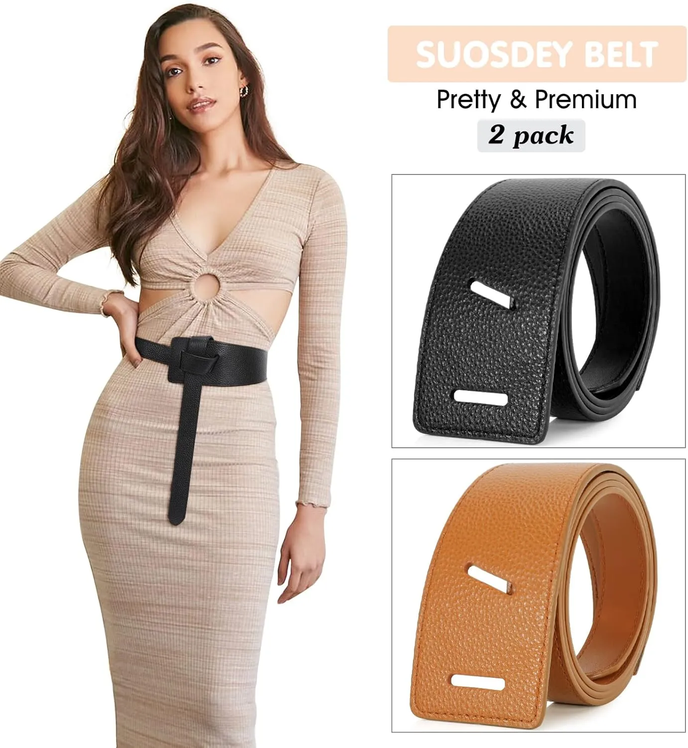 SUOSDEY 2 Pack Women Tie a Knot Belt Genuine Leather Full Grain Leather Waist Belt for Dress Coat Clothing Accessories