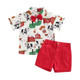 Toddler Kids Boys 2 Pieces Outfits Farm/Circus Cartoon Animal Print Short Sleeve Shirts with Bow Tie   Solid Color Shorts Set