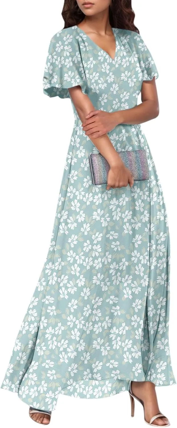 TWGONE Maxi Dresses for Women 2025 Summer Casual Trendy Floral Boho Dress V Neck Short Sleeve Chiffon Flowy Beach Dresses