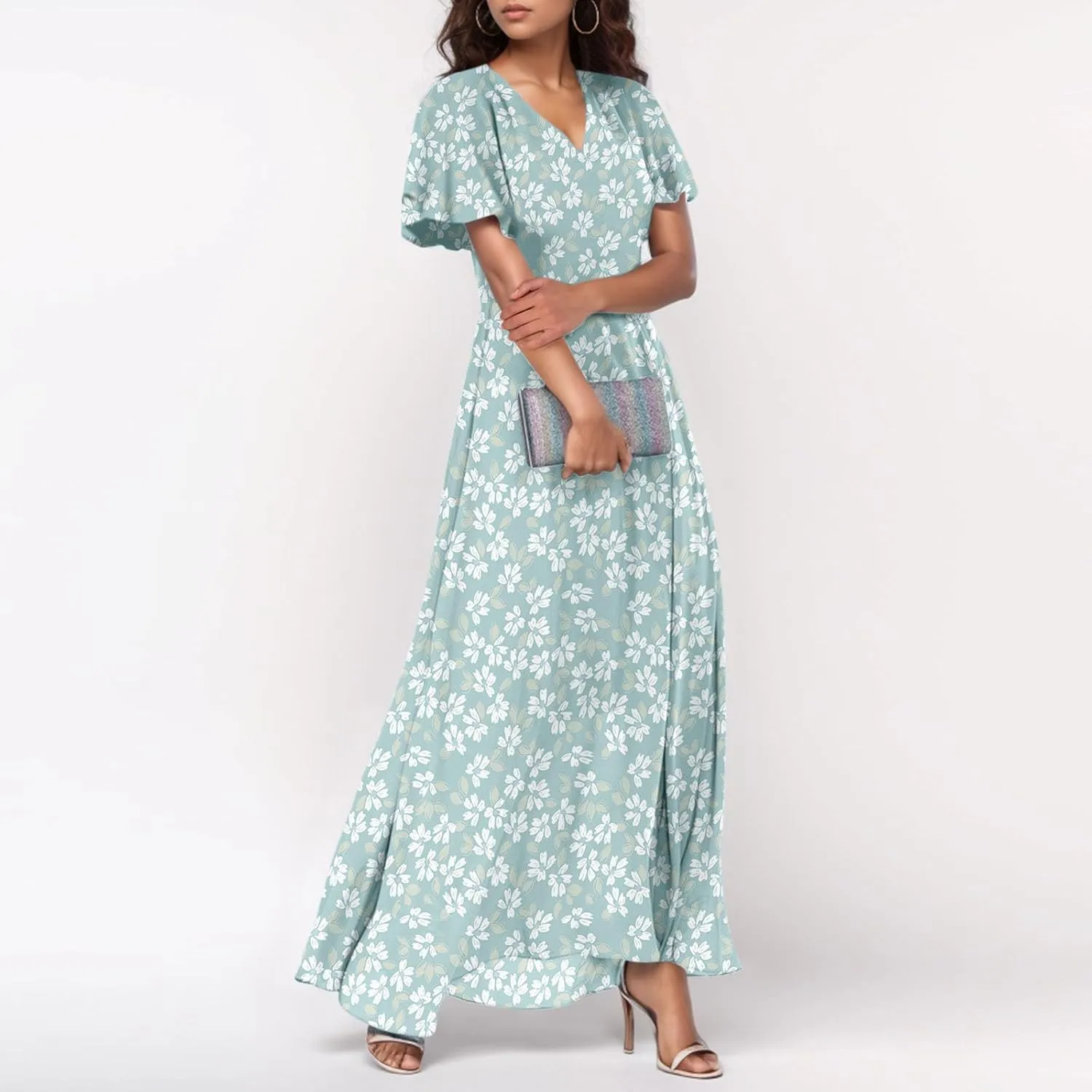 TWGONE Maxi Dresses for Women 2025 Summer Casual Trendy Floral Boho Dress V Neck Short Sleeve Chiffon Flowy Beach Dresses